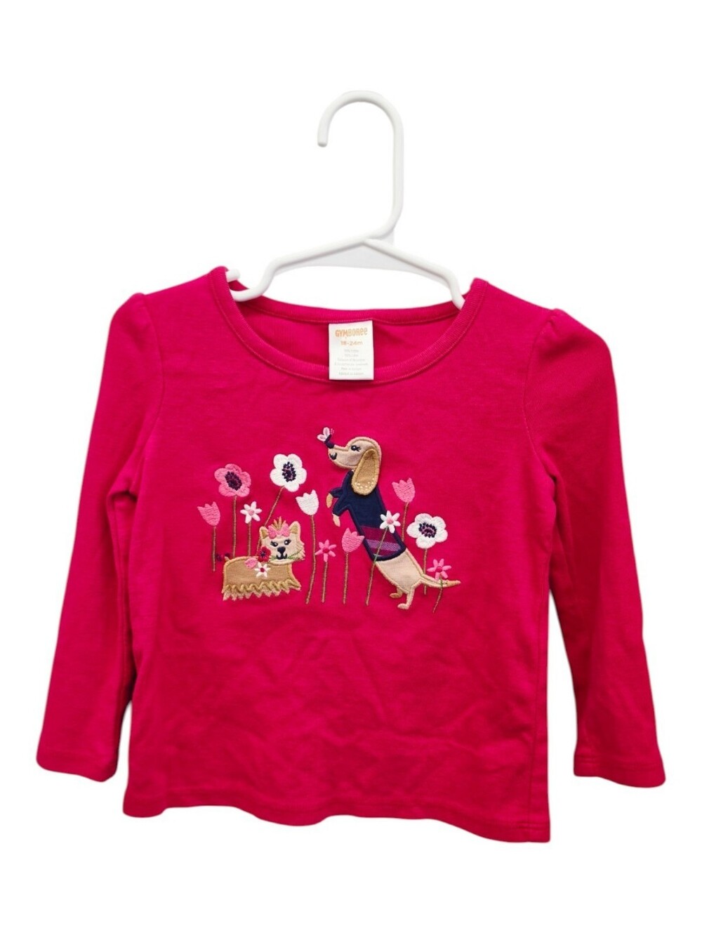 Gymboree Girls Pink Dog Cat Floral Embroidered Long Sleeve Top 18-24M